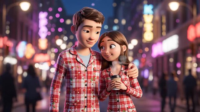 Happy Couple in Matching Red Plaid Valentine Day Pajamas Holding Coffee Cups on City Street at Night with Bokeh Lights