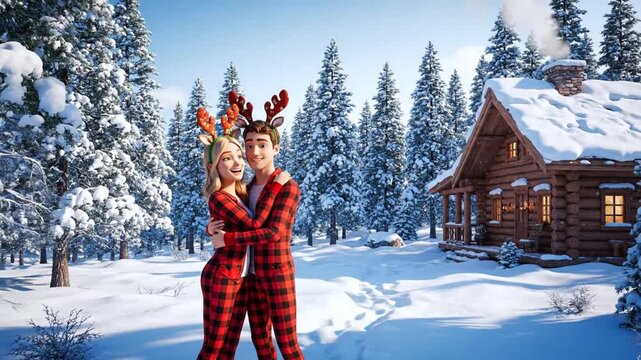 Romantic Couple in Matching Valentine Day Pajamas Hugging in Snowy Forest with Log Cabin and Christmas Trees