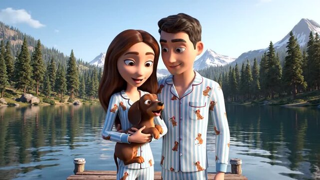 Romantic Couple in Matching Valentine Day Pajamas Holding Dachshund Dog on Lakeside Dock with Mountains and Forest Background