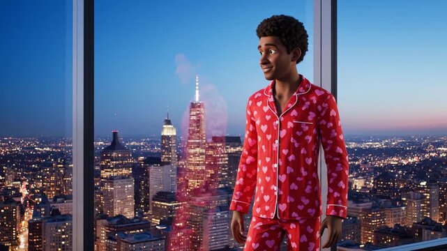 Happy young man in festive Valentine Day Pajamas smiles, admiring a breathtaking city skyline view from a modern high-rise apartment at sunset, celebrating love and urban elegance.