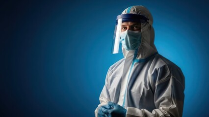Naklejka premium Person wearing hazmat suit, face shield, & mask against blue backdrop