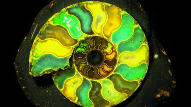 Glowing Ammonite fossil displays brilliant fluorescent colors under ultraviolet light creating