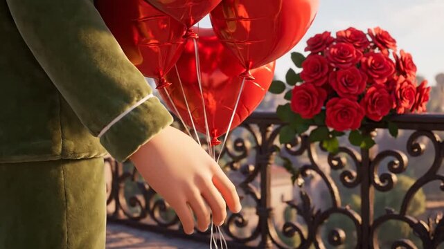 Sweet Valentine Day Pajamas Couple Shares a Tender Moment Holding Hands with Red Heart Balloons and Roses on a Sunny Balcony