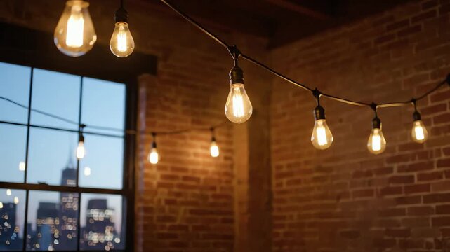 Warm Edison bulb string lights glow against a rustic brick wall and window view of city skyline