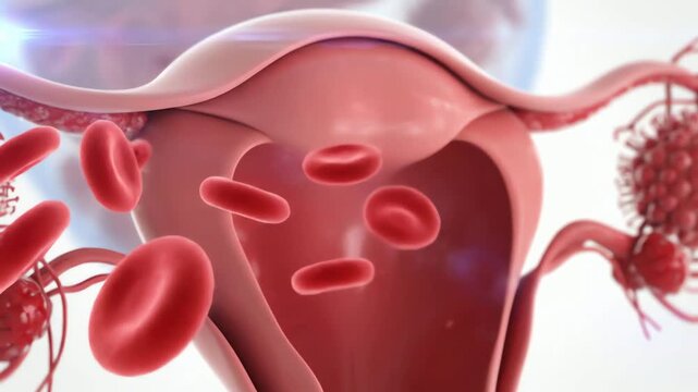 A medical 3D animation showing red blood cells inside the female reproductive system uterus and ovaries