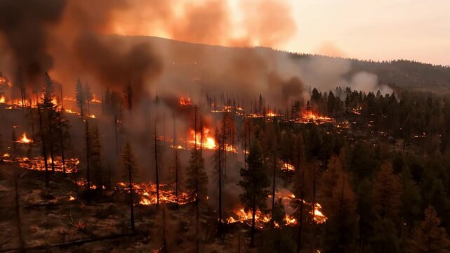 Dramatic aerial view of a massive wildfire engulfing a mountain forest at dusk with intense flames and heavy smoke