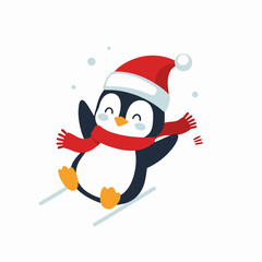 Cute cartoon penguin skiing with a Santa hat and scarf.