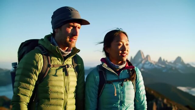 Diverse hiking couple standing on a scenic mountain peak at sunrise, wearing colorful thermal gear and backpacks, symbolizing adventure and achievement.