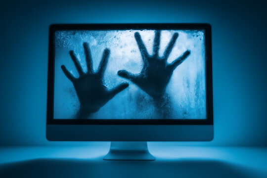 Hands pressed against a foggy computer screen in a dark blue room