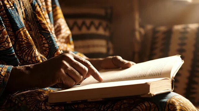 Close up of a person in traditional clothing reading a book pointing with their finger