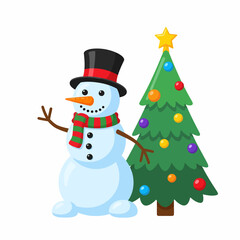 Cheerful Snowman and Decorated Christmas Tree Celebrating Winter Holidays.