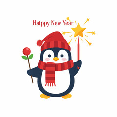 Cute Penguin Character Celebrating New Year with Sparkler and Rose.