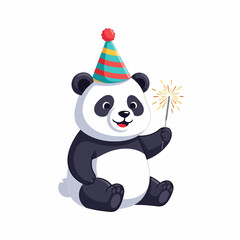 Cute Panda Wearing Party Hat Holding Sparkler.