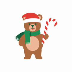 Cute Christmas Bear with Candy Cane Illustration.