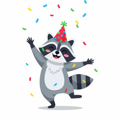 Happy Raccoon Celebrating with Confetti and Party Hat.