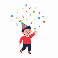 Happy Boy Wearing Party Hat Celebrating with Confetti.