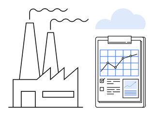 Industrial production, data analysis, environmental monitoring, efficiency optimization, manufacturing trends, reporting. A factory with smokestacks next to a checked clipboard with graphs