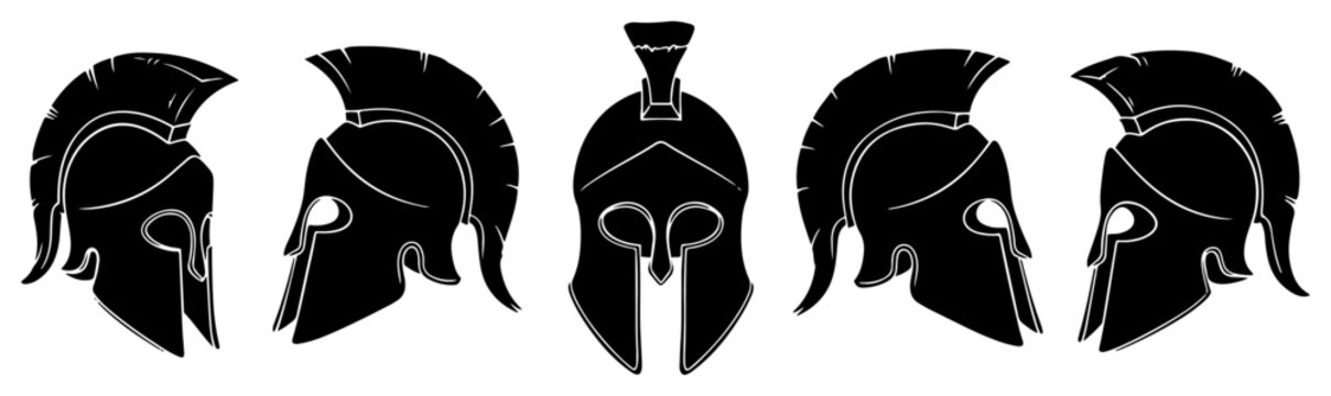 Collection of ancient spartan warrior helmets in front and side views