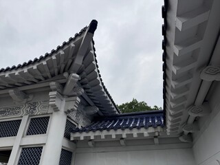 Pagoda Roof Eaves: Detailed view looking up at the ornate underside of a blue and white roof