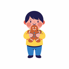 Cute Boy Holding a Gingerbread Man Cookie.
