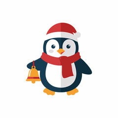 Cute Cartoon Penguin Wearing Santa Hat and Red Scarf Holding Golden Bell.
