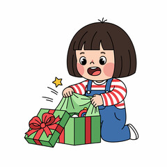 Cute little girl opening a gift box with excitement.