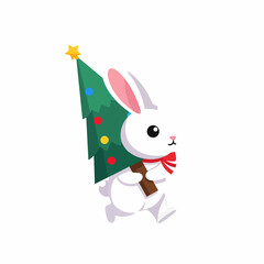 Cute White Rabbit Carrying a Decorated Christmas Tree for Holiday Celebrations.