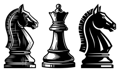 Black and white vector illustration of chess knight and queen pieces in vintage engraving style © Camel