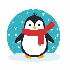 Cute Cartoon Penguin Wearing a Red Scarf Standing on Ice.