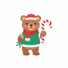 Cute cartoon bear holding a candy cane and pine branches.