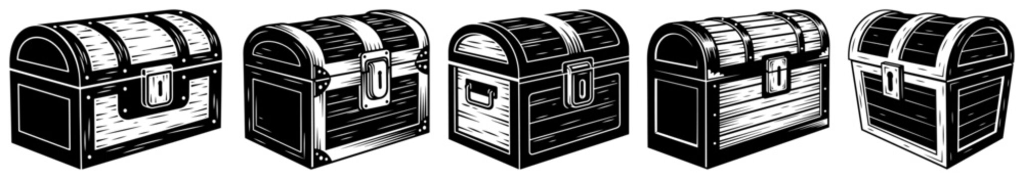 Row of closed wooden treasure chests with metal locks in vintage engraving style