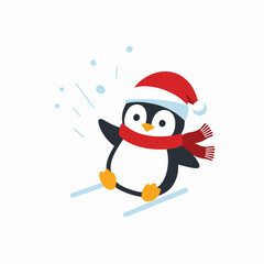 Cute cartoon penguin wearing Santa hat and red scarf skiing in snow.