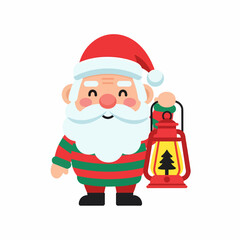Cute cartoon Santa Claus holding a lantern with a Christmas tree inside.