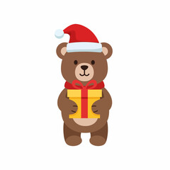 Cute cartoon bear wearing a Santa hat holding a gift box.