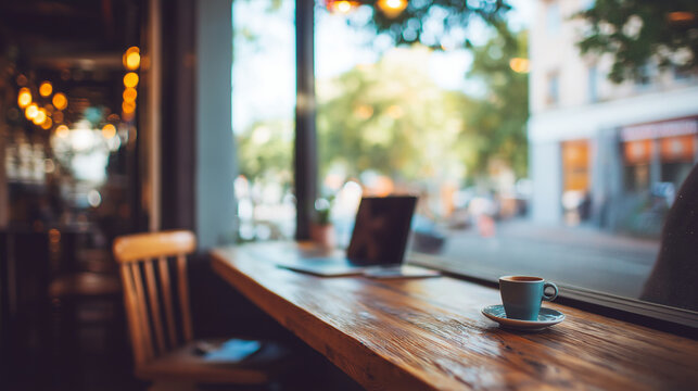 Blurred cozy cafe interior background with laptop and coffee - Powered by Adobe