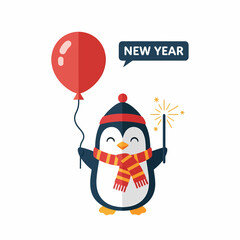 Cute Penguin Celebrating New Year with Balloon and Sparkler.