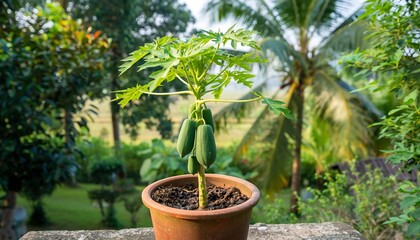 Small papaya tree growing in a pot with young green papayas, clean natural lighting and tropical garden background, realistic horticulture photography for agriculture and lifestyle use.
