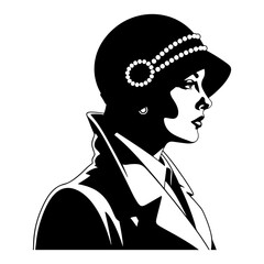Side profile portrait of an elegant woman wearing a vintage hat and coat in noir silhouette style © Camel