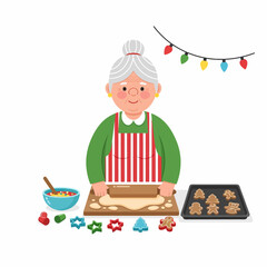 Elderly woman baking Christmas cookies with rolling pin and cookie cutters.