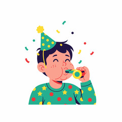 Happy boy wearing party hat blowing party horn with confetti.