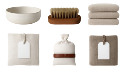 Pet Care Supplies Including Bowl, Brush, Towels, and Treat Bag on Isolated Background