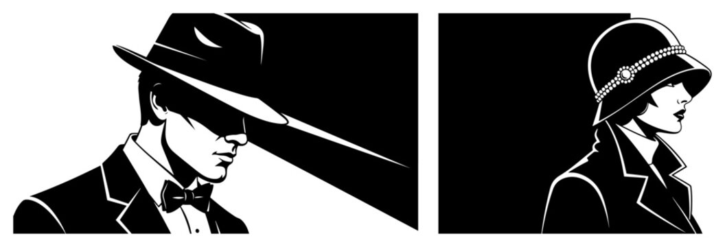 Retro film noir style portraits of man and woman wearing hats