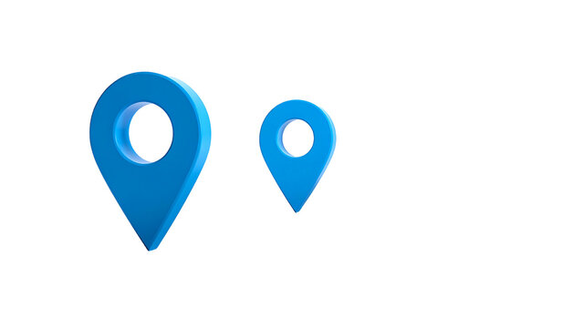 Two blue location markers in differing sizes against a black backdrop, 3D render