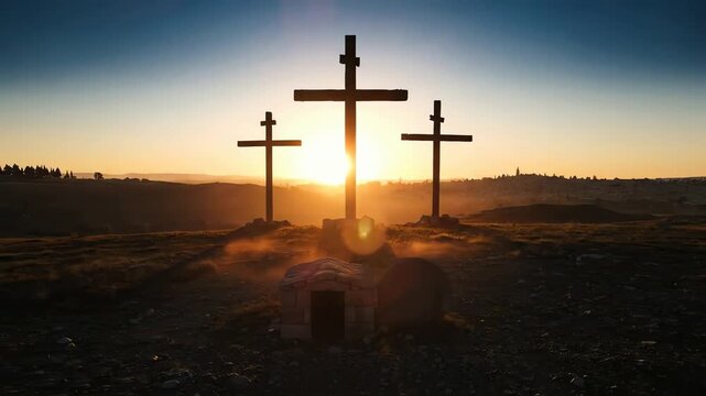 Cinematic Aerial View of the Empty Tomb and Three Crosses at Golgotha during a Golden Sunrise