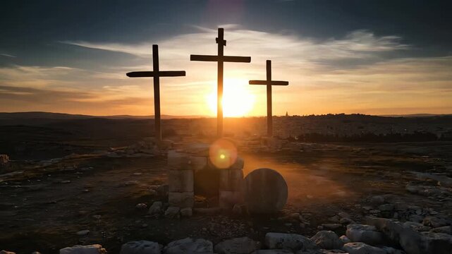 The empty tomb of Jesus with the stone rolled away and three crosses at sunrise a symbol of resurrection.