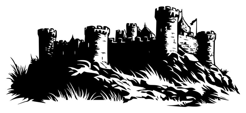 Vector illustration of medieval stone castle fortress standing on rocky hill