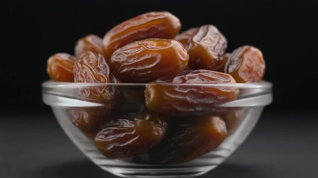 Delicious dried dates in a transparent glass bowl with a luxurious, dark black background. Healthy snack.