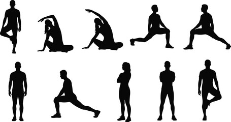 Set of Black Silhouettes of People Exercising, Showing Various Fitness, Yoga, and Stretching Poses, Vector Illustration Collection,
