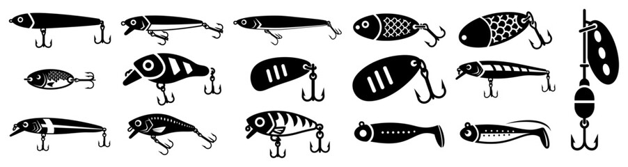Collection of different fishing lures and artificial baits with hooks