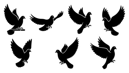 Set of flying pigeon and dove bird silhouettes in different poses
